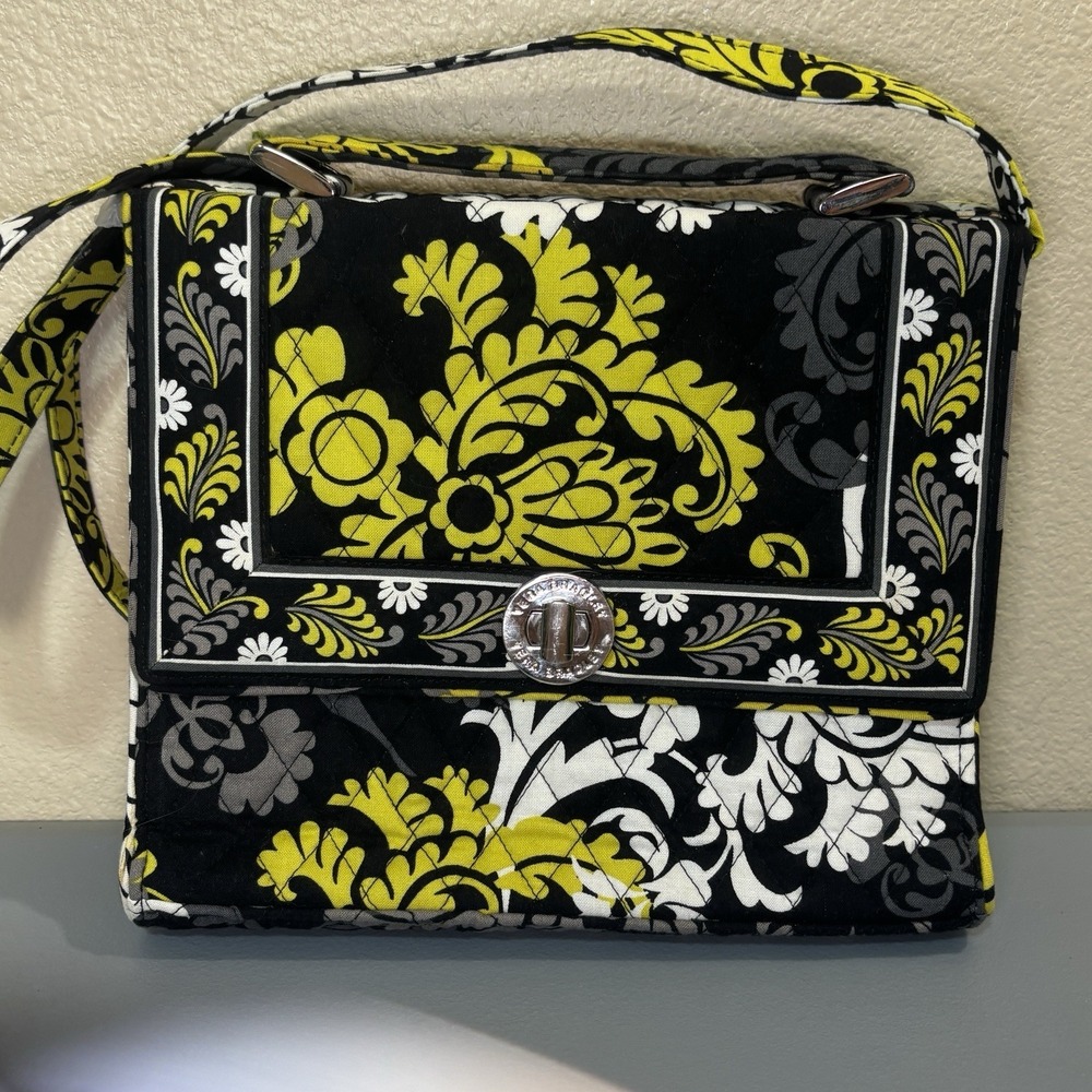 Vera Bradley Baroque Julie Handbag Black White Yellow Gray Structured Lock Clean